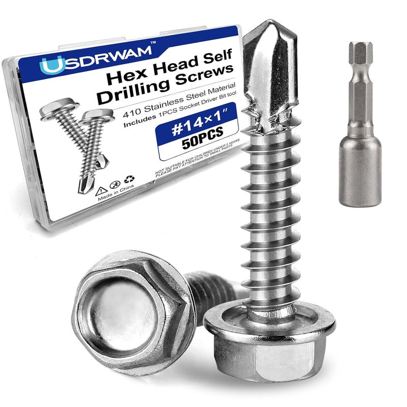 Usdrwam 50Pcs #14×1" Self Tapping Screws for Metal, 410 Stainless Steel Hex Washer Head Sheet Metal Screw - Image 1